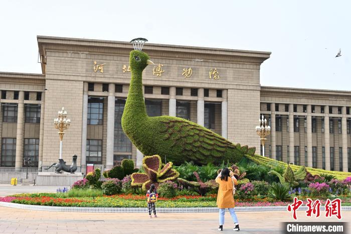 圖為游客在花壇前拍照打卡。　翟羽佳 攝