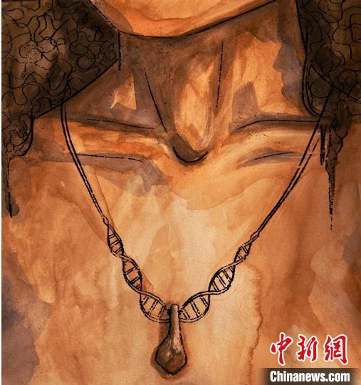 墜飾藝術(shù)再現(xiàn)圖，圖中吊墜繩為DNA螺旋樣式(圖片作者M(jìn)yrthe Lucas)。　施普林格·自然 供圖
