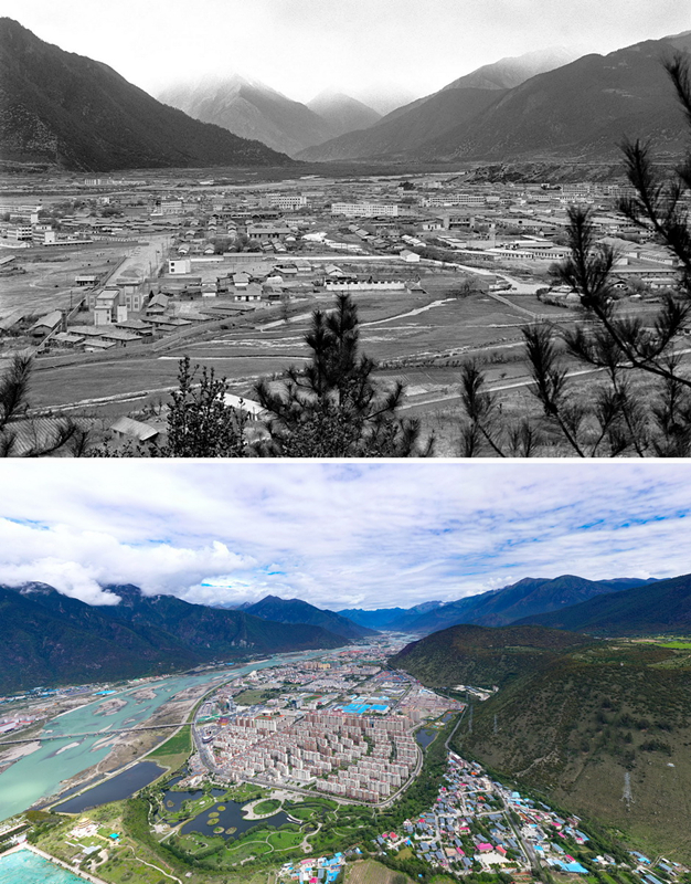 拼版照片:上圖是20世紀(jì)90年代的西藏林芝八一鎮(zhèn);下圖是2021年7月20日拍攝的西藏林芝八一鎮(zhèn)風(fēng)貌。