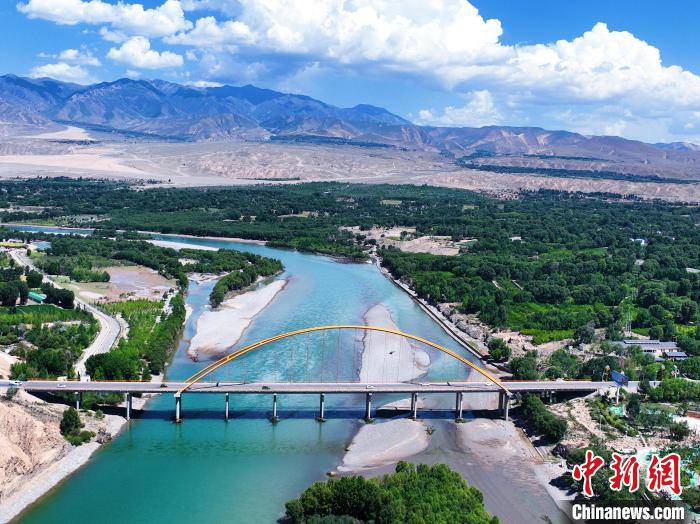 航拍貴德縣黃河岸畔綠意盎然。　馬銘言 攝