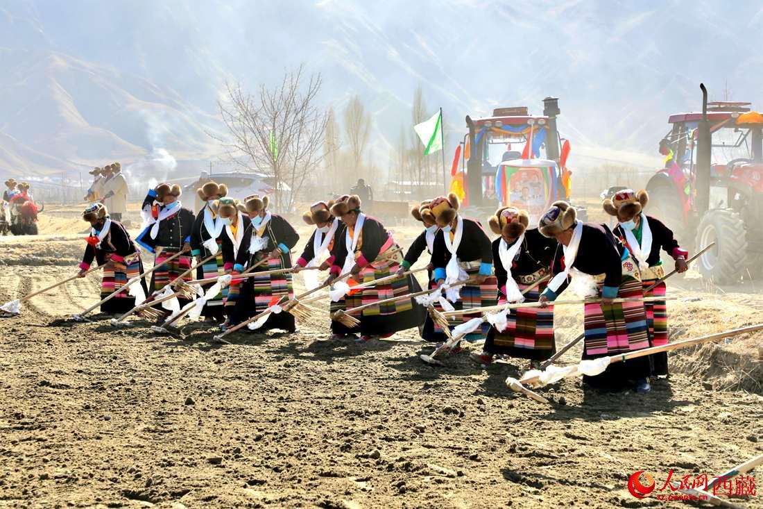 當地村民身著節日盛裝，舉行春耕儀式。人民網 次仁羅布攝