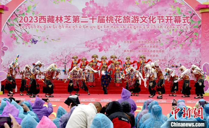 3月28日，西藏林芝第二十屆桃花旅游文化節開幕式上的文藝表演。　李林 攝